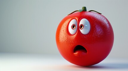 A tomato with an exaggerated shocked expression, as if surprised to be called a fruit, sitting on a bright white background. The smooth red skin shines under soft light.