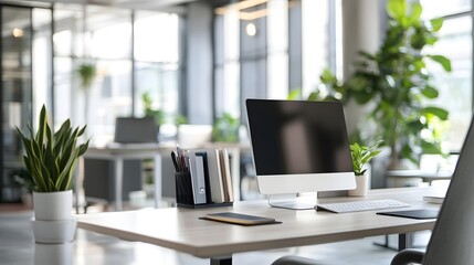 Modern Office Workspace: A bright and airy modern office workspace featuring a desk with a computer, office supplies, and potted plants, creating a productive and aesthetically pleasing environment.