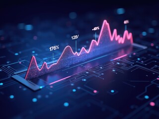 Ilustración 3D de gráficos fluctuantes, con números porcentuales, que representan la inflación y las tendencias económicas en un espacio digital
