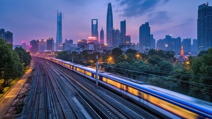 Fototapeta premium Urban skyline at dusk with train passing through cityscape and illuminated buildings