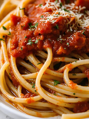 A close-up of  a  rich spaghetti marinara, glistening with seasoning, highlighting its vibrant red and golden textures. generative ai