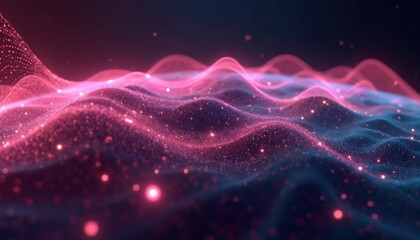Futuristic big data visualization shows wave connecting neural network on Earth. Pink, purple glittering colors, shiny motion, energy. Digital wallpaper concept, abstract technology background,