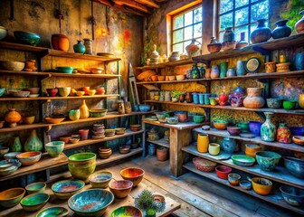 Vibrant Hand-Painted Ceramics in Artistic Studio Shelf Display