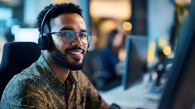 The Focused Professional: An optimistic, young man with headphones and glasses smiles radiantly in a modern office environment, demonstrating his dedication and tech savviness.