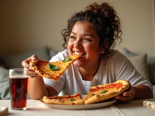 Mujer con sobrepeso disfrutando de una porción grande de pizza en casa, sintiéndose despreocupada y contenta 