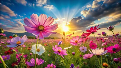 Fototapeta premium Vibrant Spring Meadow: Long Exposure Cosmos Flower Field Photography