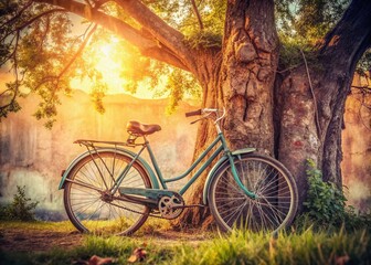 Fototapeta premium Vintage Bicycle Leaned Against Tree - Panoramic Old Photo