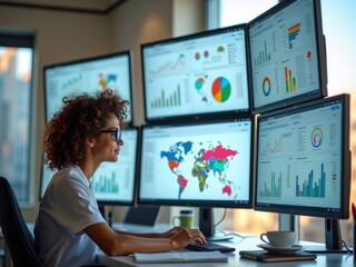 Científica de datos que analiza los conocimientos de los clientes sobre múltiples pantallas. Concepto de marketing y estrategias de mercado