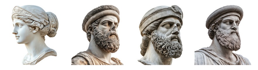 Obraz premium Classic Marble Busts of Ancient Historical Figures in Profile View, PNG bundle collection, Isolated on Transparent Background
