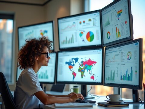Cient&iacute;fica de datos que analiza los conocimientos de los clientes sobre m&uacute;ltiples pantallas. Concepto de marketing y estrategias de mercado