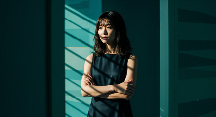 Obraz premium Woman In Black Dress Against Teal Wall Natural Light Indoor Portrait