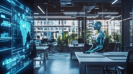 AI in the Modern Workspace: A sleek, futuristic depiction of an artificial intelligence entity immersed in a high-tech office environment, the scene underscored by data displays and a modern.