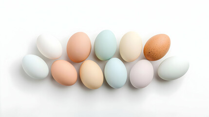 Fototapeta premium Ten Colorful Pastel Chicken Eggs Arranged In A Row On A Bright White Background Viewed From Above