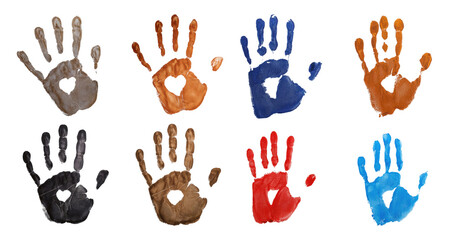 Fototapeta premium Colorful Handprints with Heart Shapes Representing Love and Care, PNG bundle collection, Isolated on Transparent Background