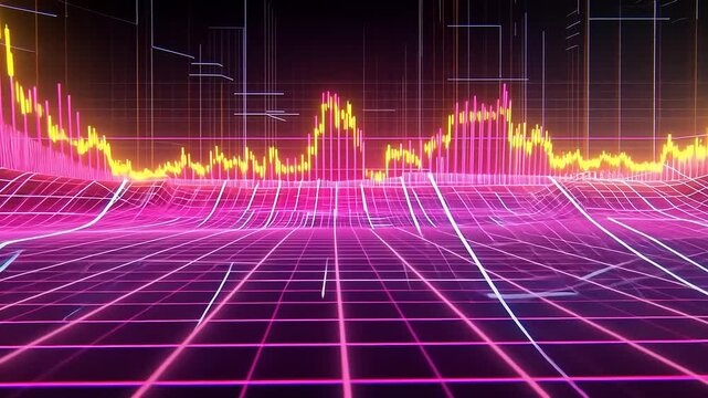 A vibrant digital landscape featuring a 3D graph with neon colors and grid lines.