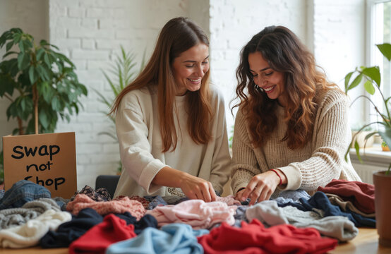 Two happy women sort clothes at home swap party. Friends exchange garments, bags, accessories, having fun. Zero waste shopping, eco lifestyle, sustainable consumption event, second hand fashion.
