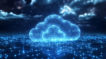 Obraz premium Cloud Data Universe: A luminous, digital cloud formation illuminates the night sky, symbolizing the boundless possibilities of data storage and the interconnectedness of the digital age. 