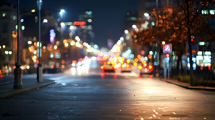 Blurred City Street At Night With Colorful Bokeh From Car Lights and Wet Asphalt Reflecting the Urban Illumination