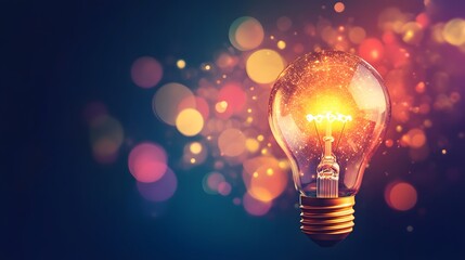 Illuminating Ideas: A vibrant, glowing light bulb shines brightly against a colorful, bokeh-filled backdrop, symbolizing innovation and sparking creativity.