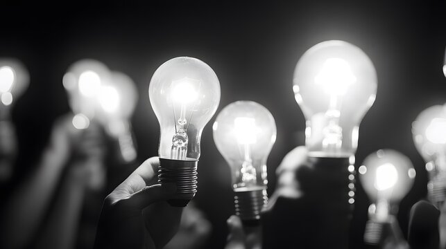 Illuminating Innovation: A collective of hands holds radiant light bulbs aloft against a backdrop of darkness, symbolizing the birth of ideas and collaborative problem-solving