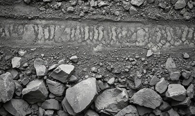 Tire tracks on gravel road, construction site background, industrial use