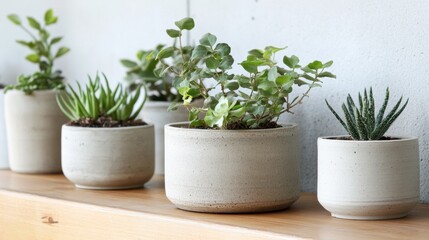 Fototapeta premium A row of potted plants on a wooden shelf.