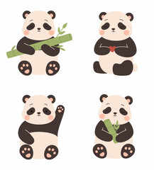 Set of cute cartoon pandas in childish style. Flat vector illustration.