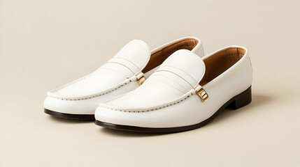Naklejka premium Pair of Stylish White Leather Loafers with Gold Buckle Detail on Tan Background