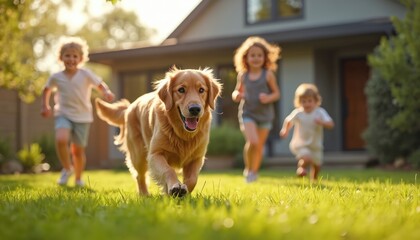 Fototapeta na wymiar Golden Retriever dog playing, running with kids on grass lawn in yard garden. Summer fun with family, pet outdoor. Happy doggy smile on bright sunny day near house.