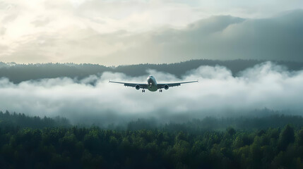 Fototapeta premium Airplane Taking Off Over Lush Green Forest and Misty Mountains at Dawn with Cloudy Sky