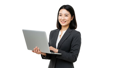 Beautiful Asian businesswoman is holding a laptop and typing on the keyboard isolated on transparent png background

