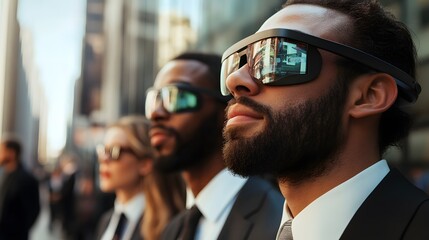 Vision of Tomorrow: Group of business professionals in futuristic smart glasses look forward with a collective sense of technological advancement.