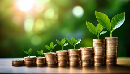Stacks of coins with green plants symbolize financial growth and investment.