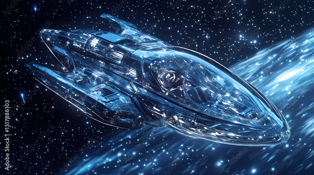 Wall mural futuristic transparent spaceship floating in deep space with starlit reflections. starlit reflection