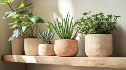 A wooden shelf displays a variety of potted plants in different sizes and shapes.