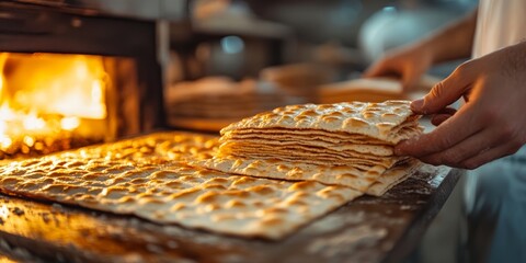 Obraz premium Baker making matzah for passover in front of wood fired oven