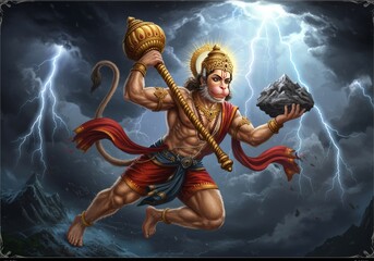 Mighty Hanuman in a Thunderous Storm – The Divine Warrior Carrying the Sanjeevani Mountains