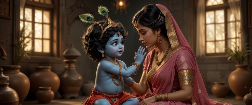 Motherly Affection: Yashoda and Baby Krishna in a Serene, Traditional Indian Setting, traditional indian setting, spirituality, maternal bond, devotion, divine child, krishna leela, sacred