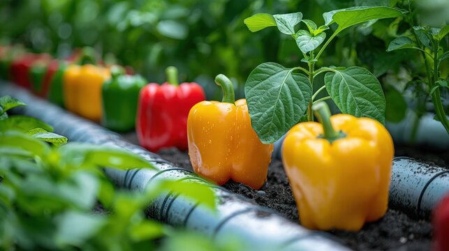 Colorful Bell Peppers and Greens in Hydroponic System