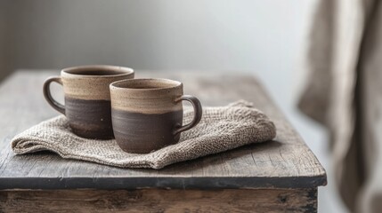 Two mugs with brown and tan speckles sit on a beige cloth on a wooden table.