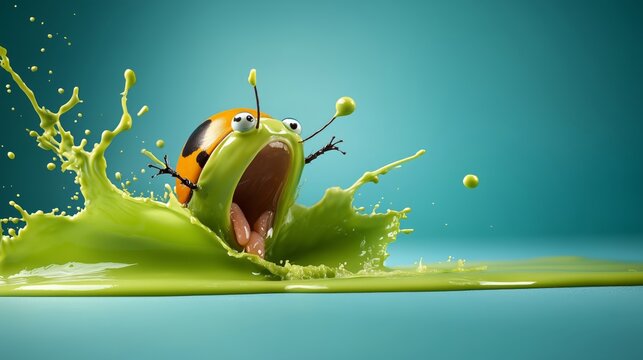 Bright, happy, stylish, cool unpredictable colorful bugs and flies in funny situations.