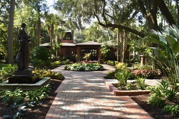 Fototapeta premium Luxurious Landscape with Elegant Brick Paths and Open Air Garden Setting