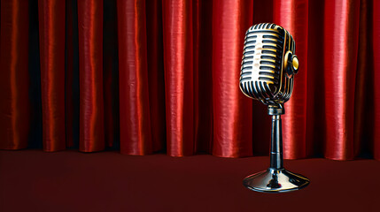 A Vintage Silver Metallic Microphone Stands On A Dark Red Stage Against A Backdrop Of Rich Red Curtains In A Dramatic Spotlight