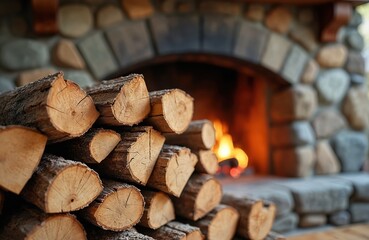 Neatly stacked firewood pile against stone fireplace with burning fire. Rustic wooden logs create warm inviting atmosphere, wood grain texture details. Winter, holiday, cozy home concept, source of