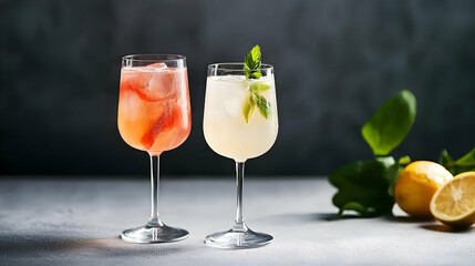 Two Refreshing Summer Cocktails with Strawberry and Lemon on a Grey Textured Table Refreshing Summer Cocktails with Fruit and Ice