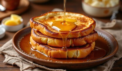 Golden brown French toast slices served on a wooden plate, topped with rich honey drizzle. Perfect for a cozy and flavorful homemade breakfast or brunch on a rustic setting