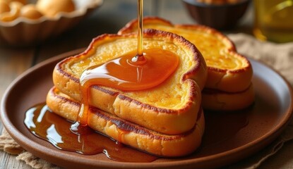 Golden brown French toast slices served on a wooden plate, topped with rich honey drizzle. Perfect for a cozy and flavorful homemade breakfast or brunch on a rustic setting