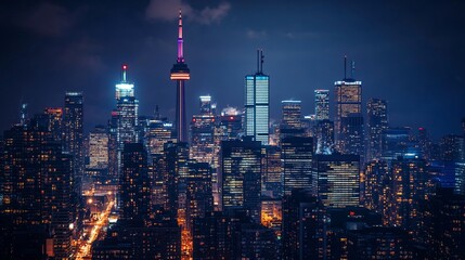 Nighttime Panorama of Toronto Skyline  Illuminated Cityscape at Night