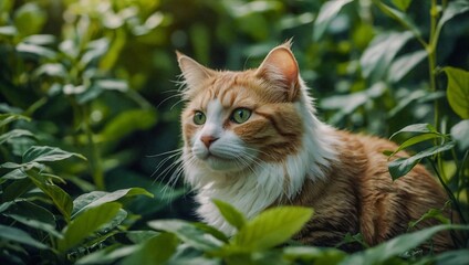 Adorable plush cat seated among lush green leaves, creating a beautiful and charming atmosphere.