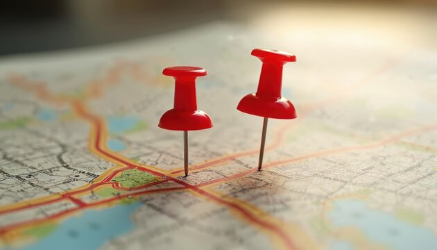 Two red pins mark location on map showing route path. Location and navigation concept. Road atlas with map pins. Future transport logistic, GPS point, new office, change address.